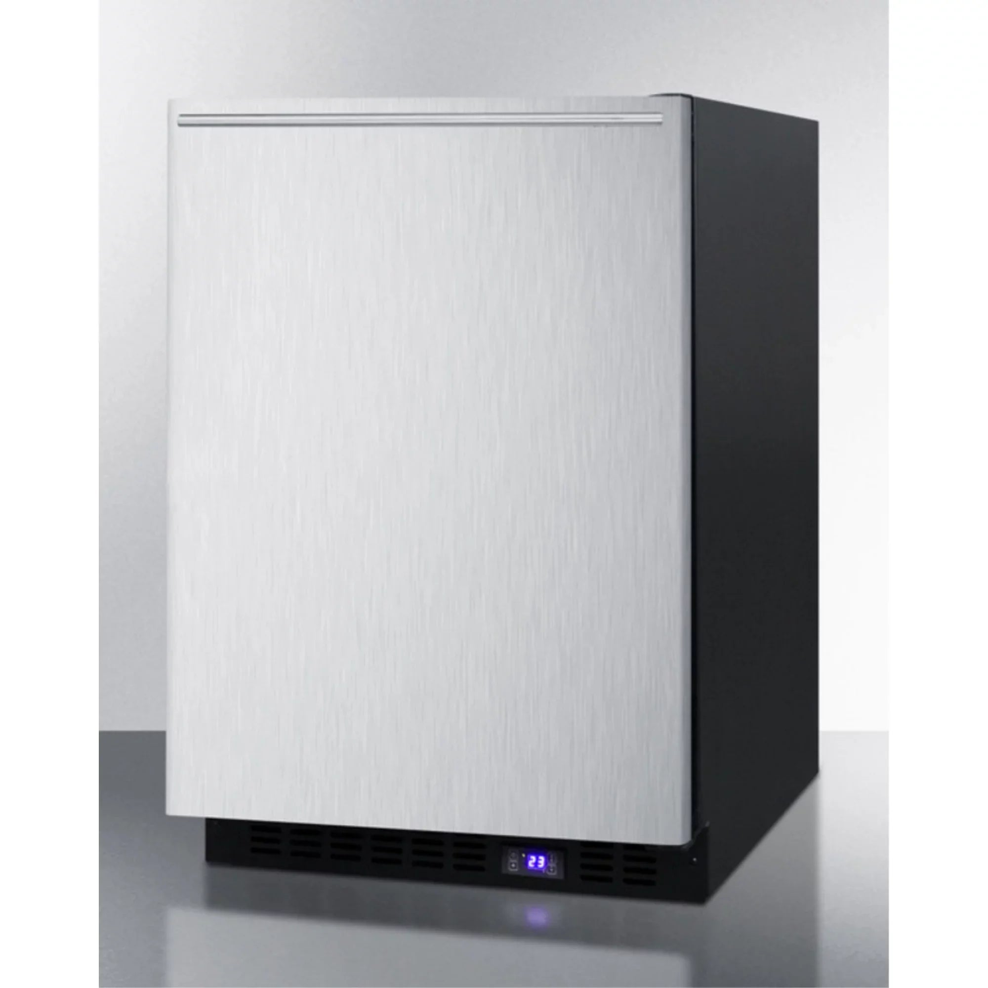 Frost-free built-in undercounter all-freezer for residential or commercial use, with stainless steel door, horizontal handle, and black cabinet