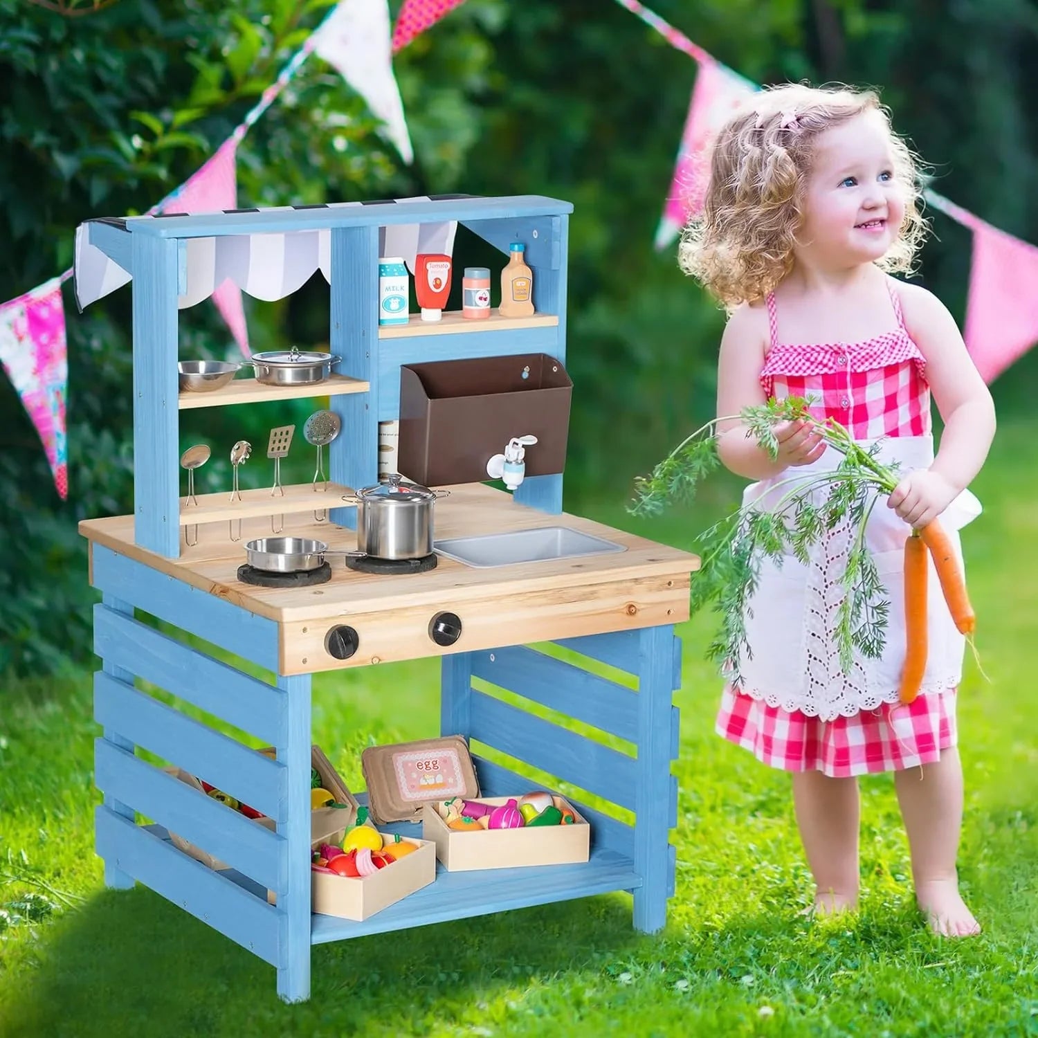 Brinjoy Kids Kitchen Playset, Double-Sided Wooden Outdoor Mud Kitchen w/Realistic Faucet, Removable Sink, Cooking Toys, Menu, Toddler Pretend Play Kitchen, Backyard Mud Table, Gift for Boys Girls