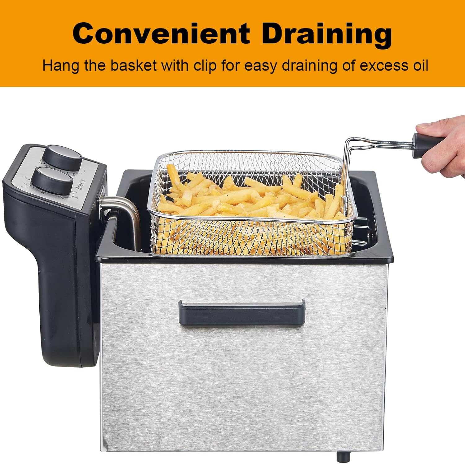 Electric Deep Fryer with Basket for Home Use, Lid with Viewing Window and Odorless Filter, Adjustable Temperature, 5.3 Quart, Stainless Steel