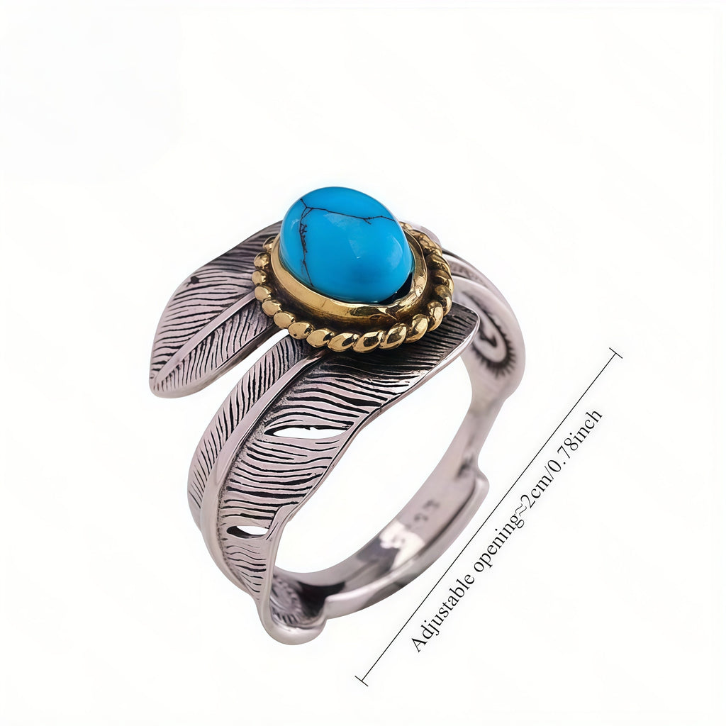 Two-Tone Vintage Feather Turquoise Open Adjustable Ring For Men Women, Copper Oxidized Silver Gold Bezel Western Tribal Boho Stackable Jewelry Gift