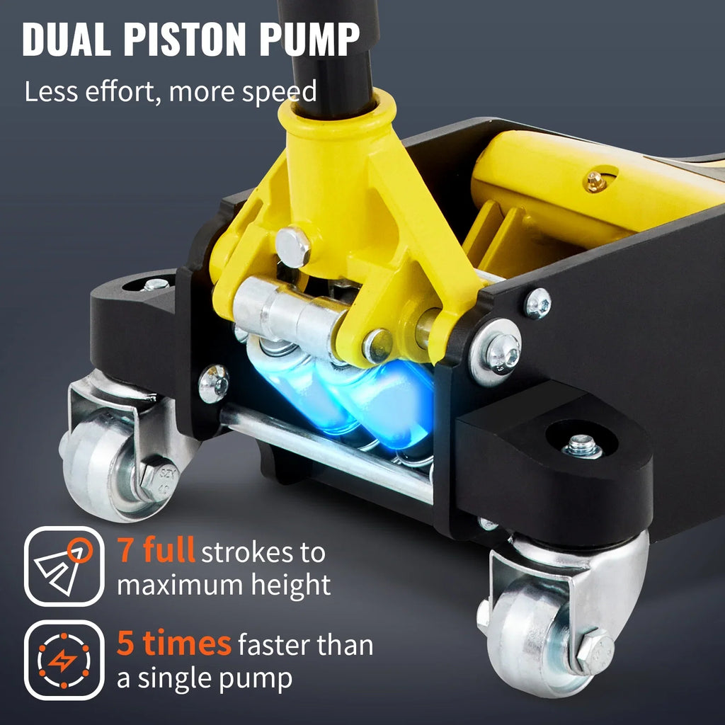 BENTISM Low Profile Floor Jack 3 Ton (6600 lbs), Aluminum and Steel Hydraulic Racing Floor Jack, Dual Piston Quick Lift Pump, 19-11/16"-3-6/11" Height Lifting Range, Yellow+Black