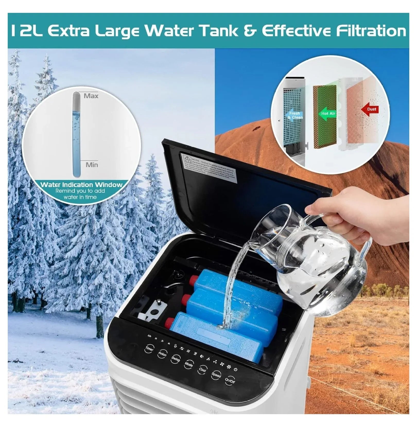 Evaporative Cooler, Include Control, 4 Ice Packs, Bladeless Fan with 4 Wind Modes, 3 Speeds, 7.5H Timer, 12L Water , LED Display, Portable Air Cooler for Indoor Use, Bedroom, White