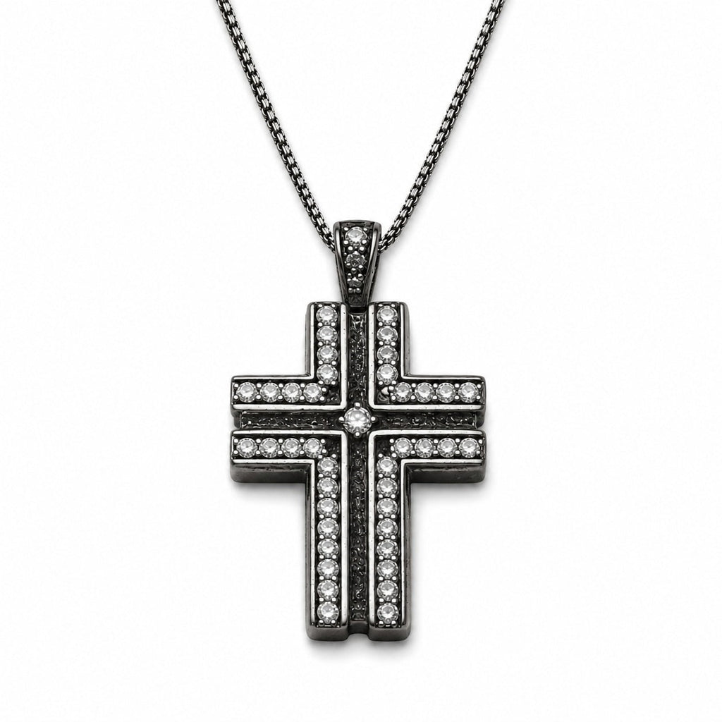 Antique Black Double Layer Cross Necklace, Copper Base Gunmetal Plated Sparkling CZ Christian Faith Pendant Jewelry