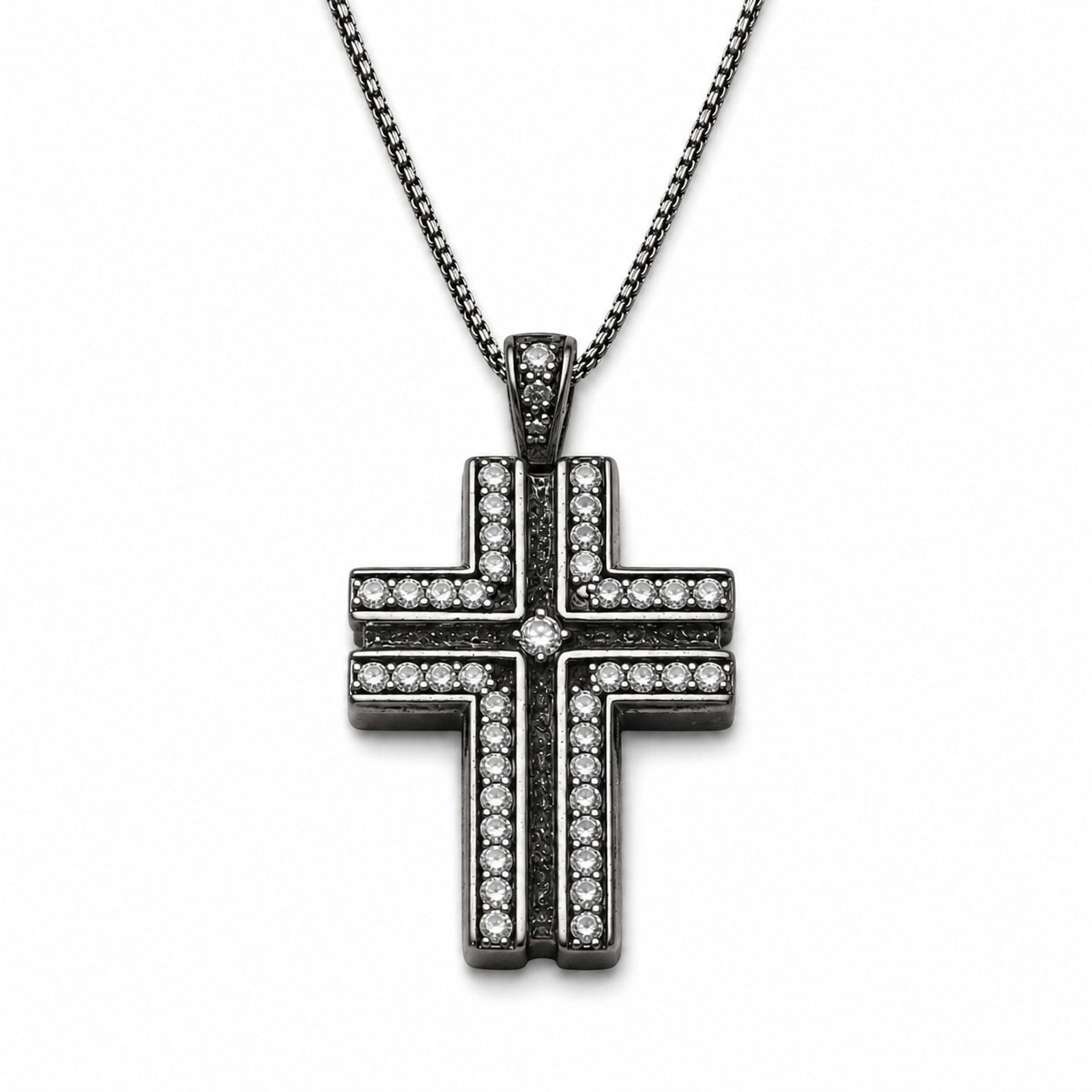 Antique Black Double Layer Cross Necklace, Copper Base Gunmetal Plated Sparkling CZ Christian Faith Pendant Jewelry
