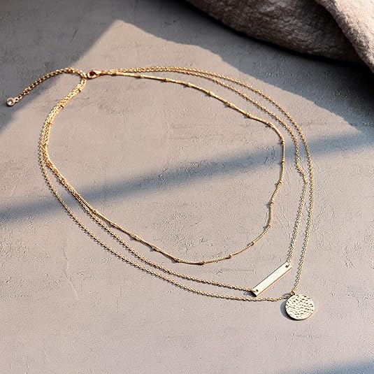Gold Layered Choker Necklace 14K Gold Plated Bar Coin Charm Pendant Neckalce Delicate Multilayer Choker Necklaces For Women