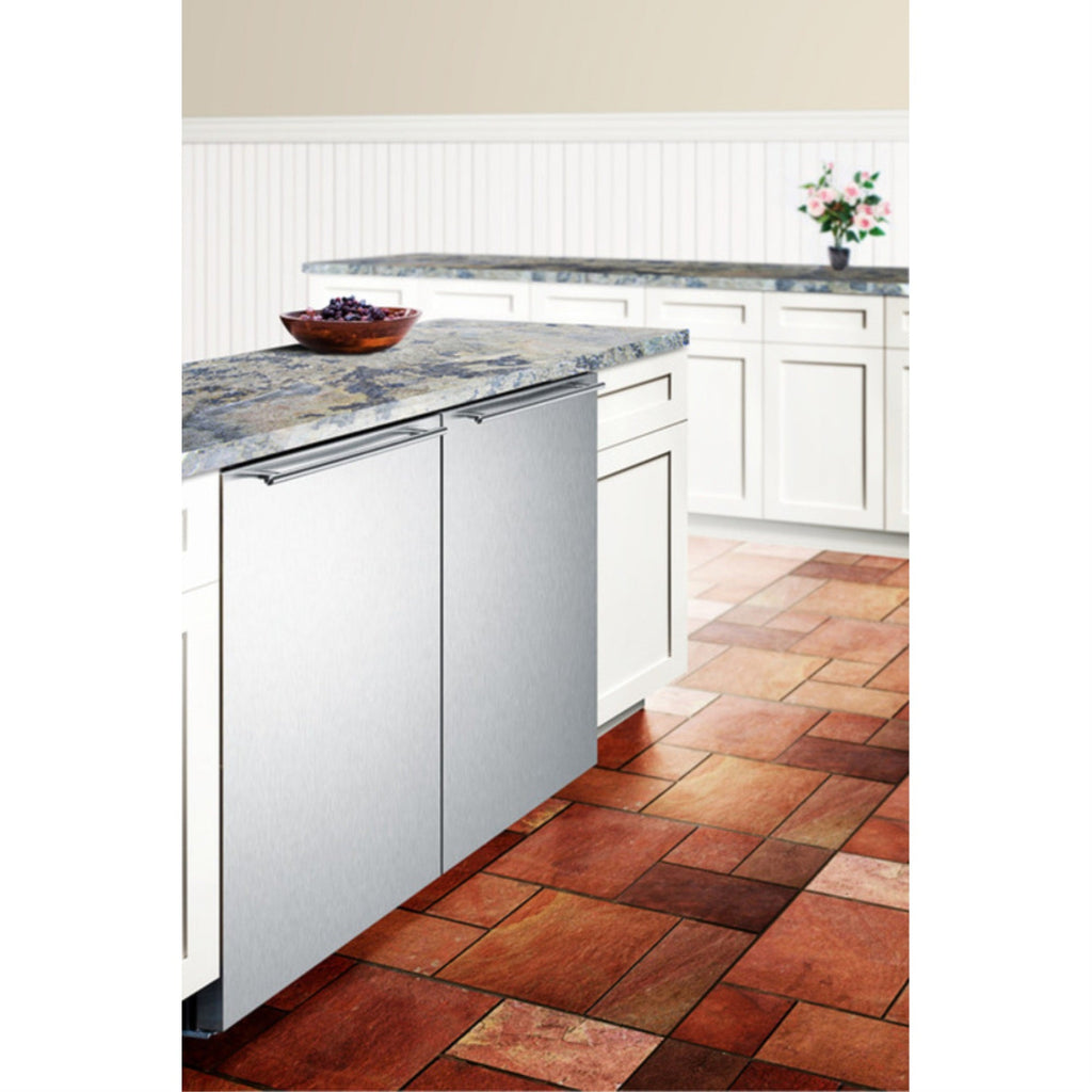 Frost-free built-in undercounter all-freezer for residential or commercial use, with stainless steel wrapped exterior and horizontal handle