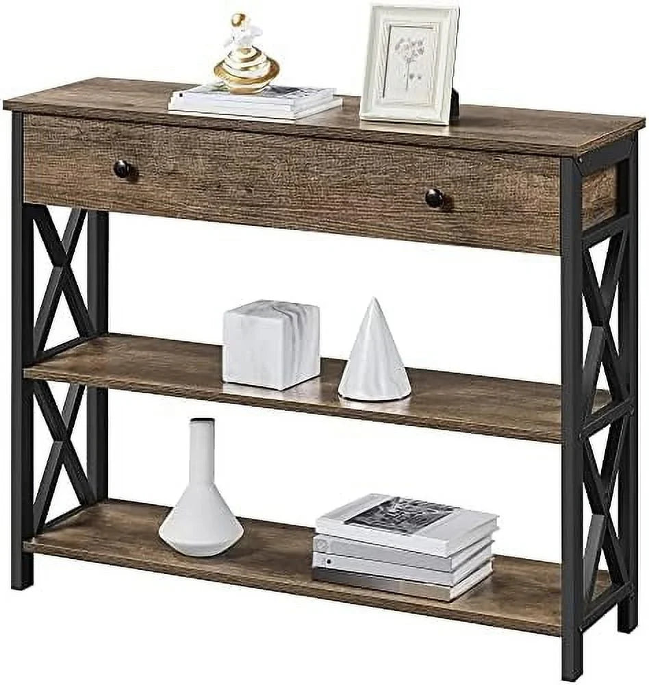 MQLIFEBOOM Console Table with Drawer Entryway Table with 3 Tier Shelves Narrow Long Sofa Table for Entryway Living Room Hallway Couch Kitchen Metal Frame Gray