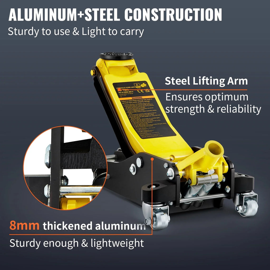 SKYSHALO Low Profile Floor Jack 3 ton (6600 lbs), Dual Piston Quick Lift Pump, 19-11/16"-3-6/11" Height Lifting Range, Yellow+Black, Aluminum and Steel Hydraulic Racing Floor Jack