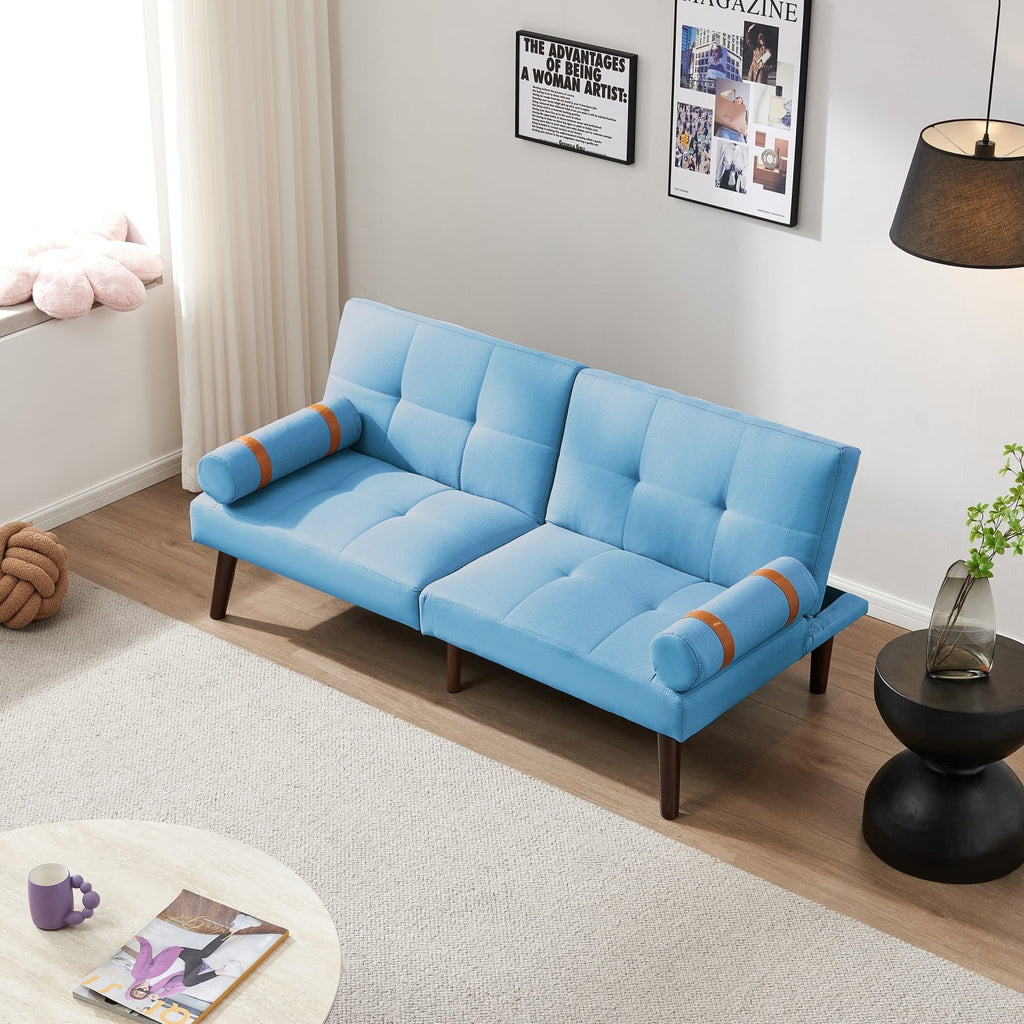 Blue Linen Modern Convertible Futon Sofa Bed with Solid Wood Legs for Versatile Sleeping Options and Stylish Living Room Decor.