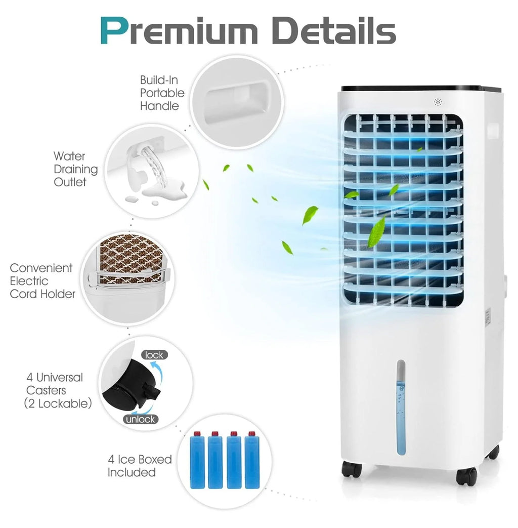 Evaporative Cooler, Include Control, 4 Ice Packs, Bladeless Fan with 4 Wind Modes, 3 Speeds, 7.5H Timer, 12L Water , LED Display, Portable Air Cooler for Indoor Use, Bedroom, White