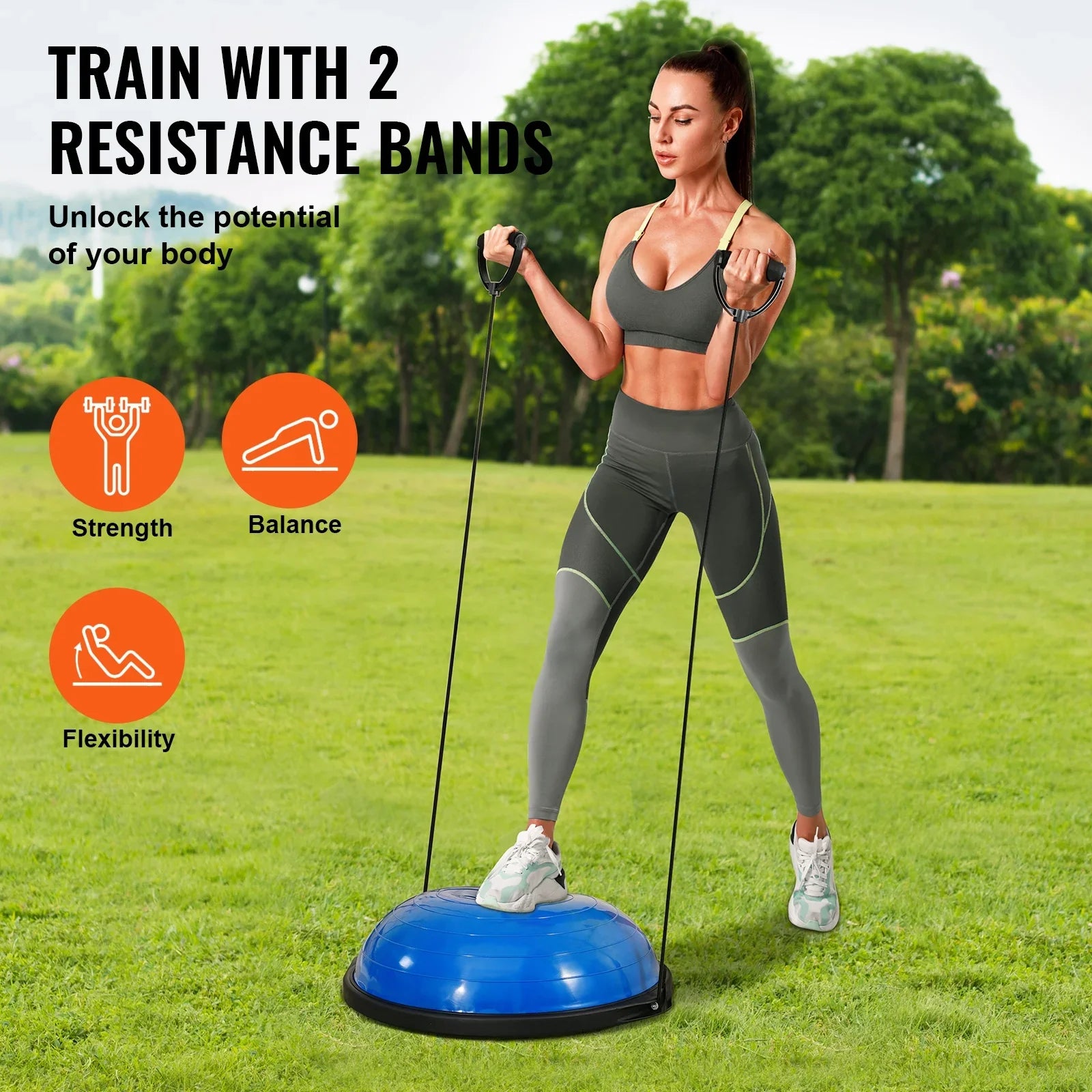SKYSHALO 26 Inch Ball Yoga Trainer Half Fitness Balance Stability Ball Resistance Band
