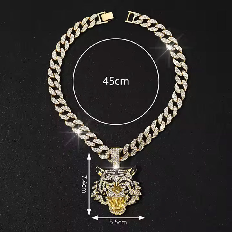 13mm Width Football Pendant Necklace,Hip Hop Green Eyes Tiger Head Pendant Necklace 3D Diamond Gold Zinc Alloy Stainless Steel Religious Zircon