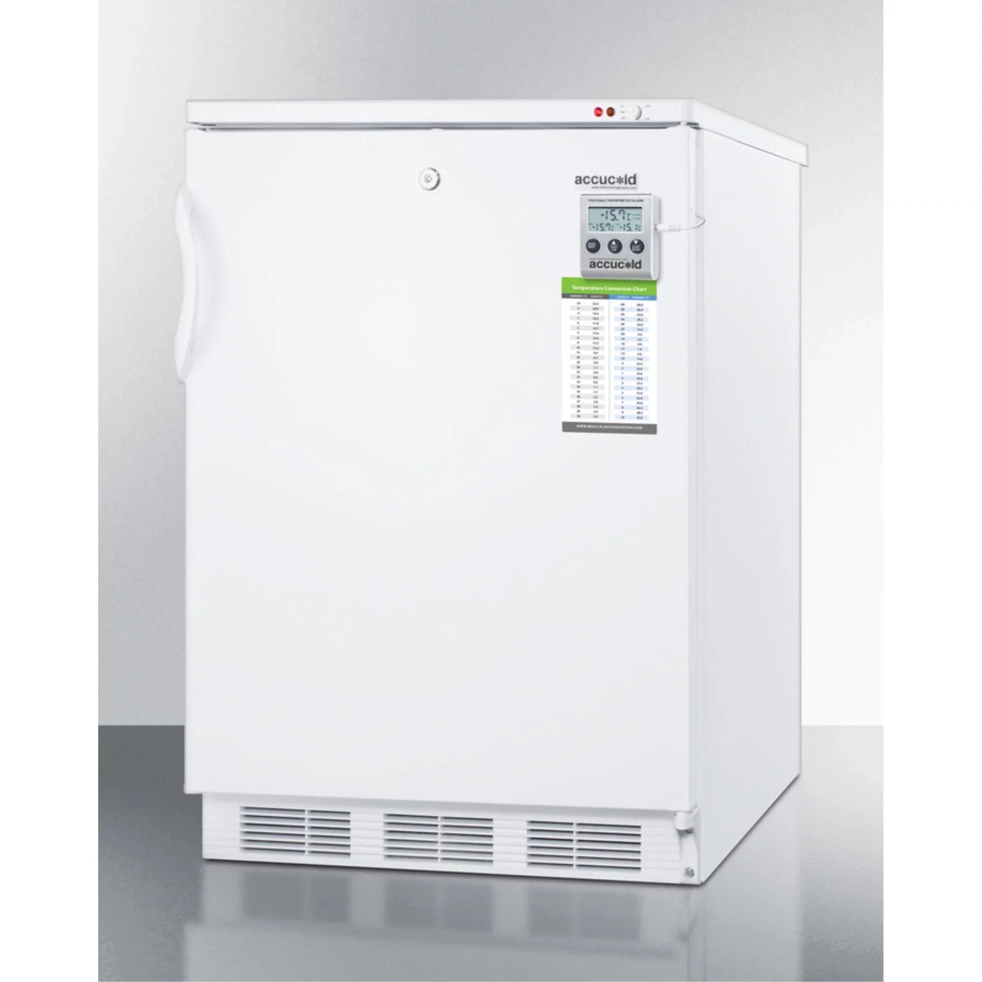 Built-in undercounter freezer capable of -25 C operation; includes audible alarm, lock, and hospital grade plug