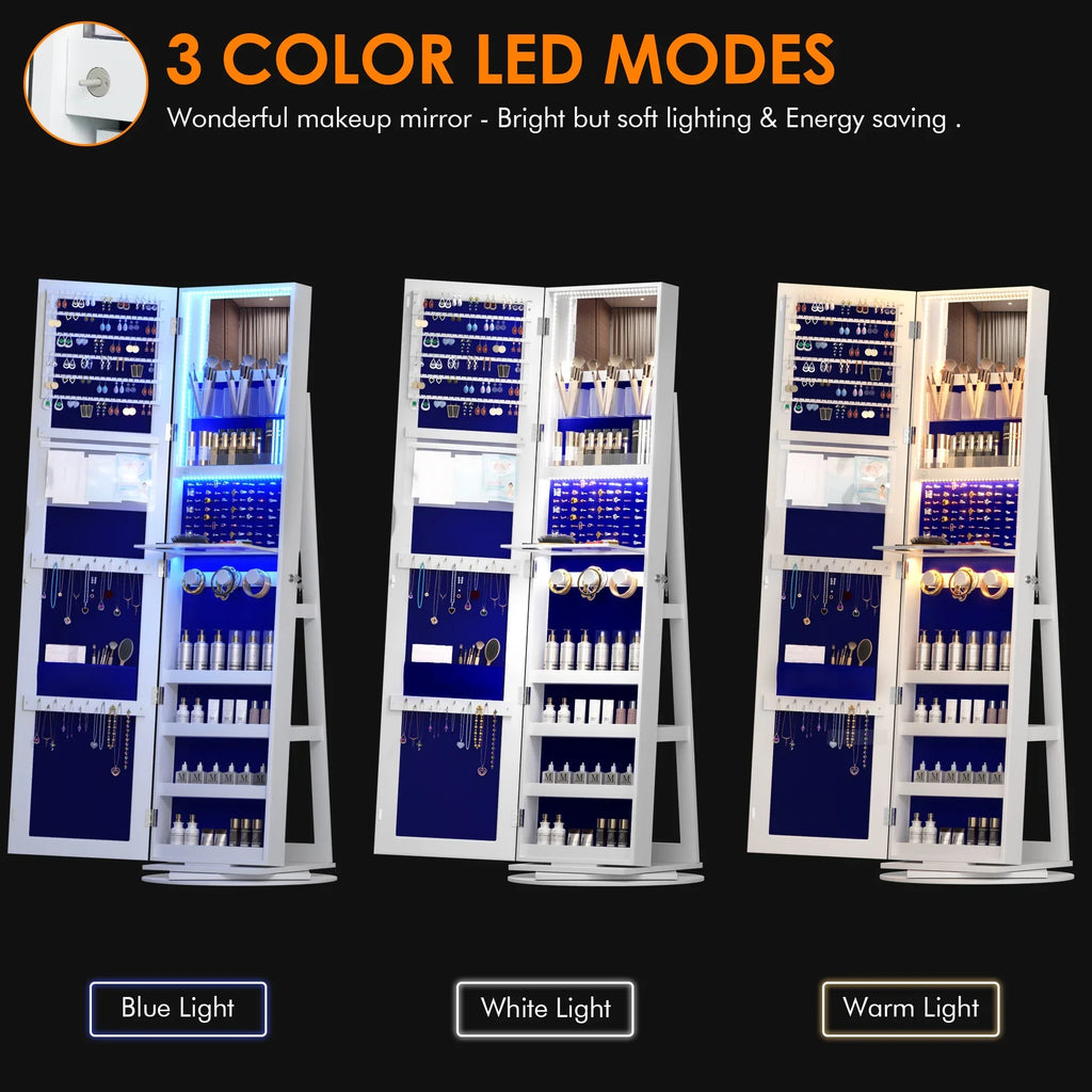 LVSOMT 360° Rotating LED Jewelry Armoire with Full Length Mirror, Jewelry Cabinet Large Standing Lockable Mirror Jewelry Organizer with Inner Makeup Mirror & Soft Velvet for Living Room Bedroom