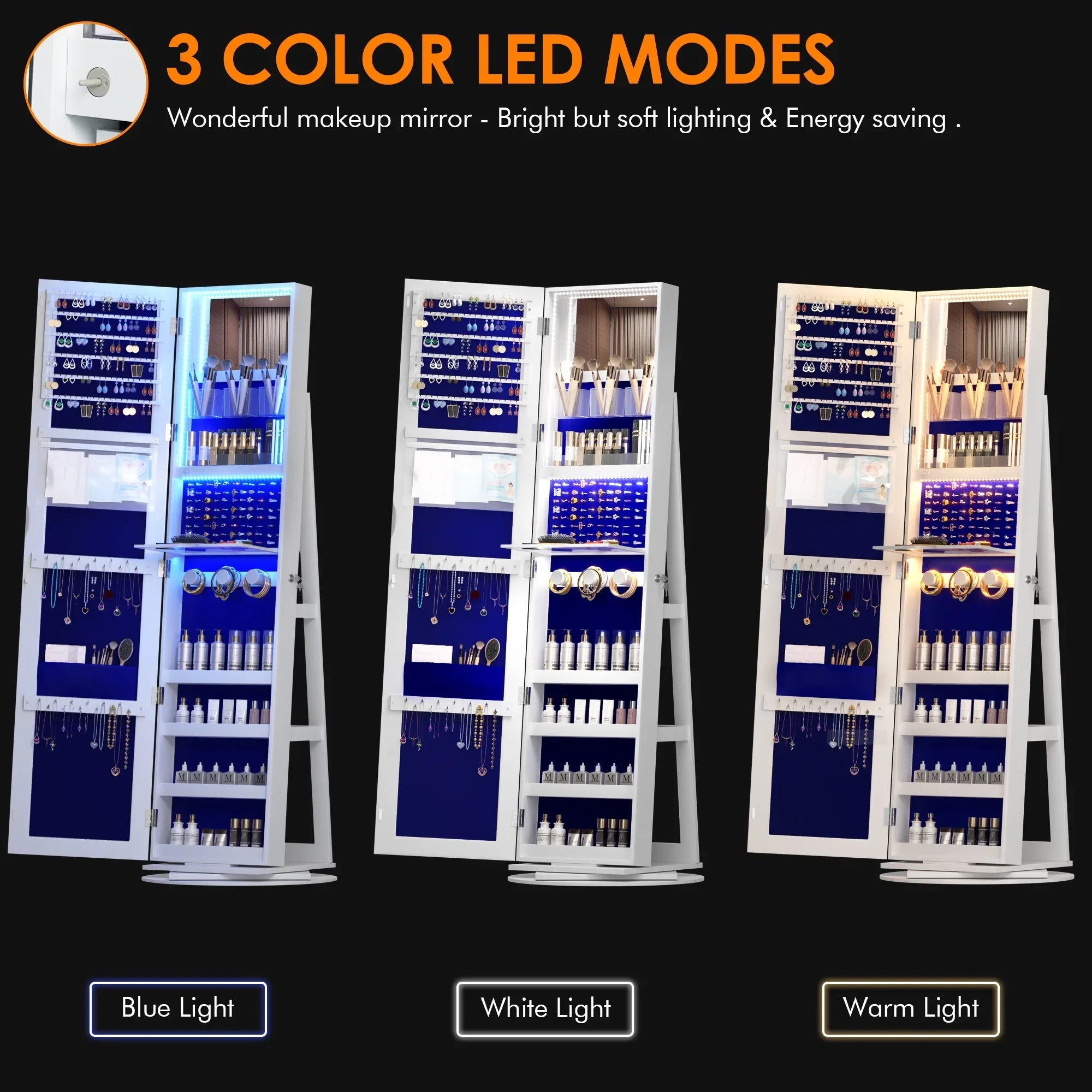 LVSOMT 360° Rotating LED Jewelry Armoire with Full Length Mirror, Jewelry Cabinet Large Standing Lockable Mirror Jewelry Organizer with Inner Makeup Mirror & Soft Velvet for Living Room Bedroom