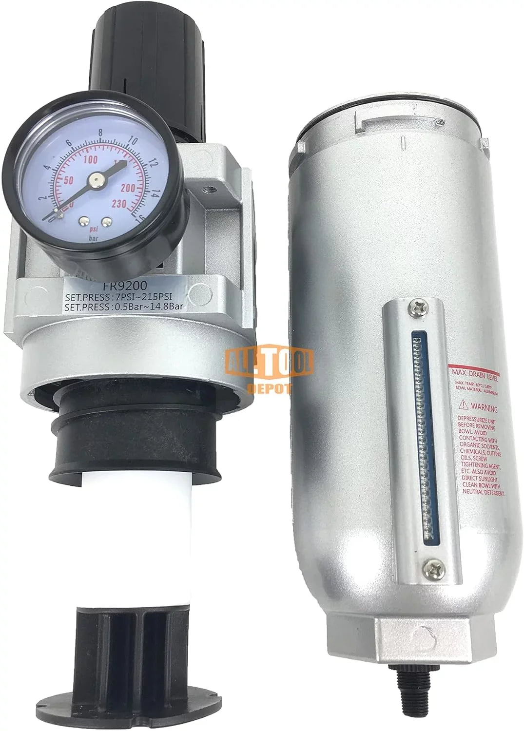 NPT SUPER DUTY Compressed Air In Line Filter Regulator Combo Piggyback, Metal Bowl, 5 Micron , Adjustable From 7 To 175 PSI (AUTO DRAIN)