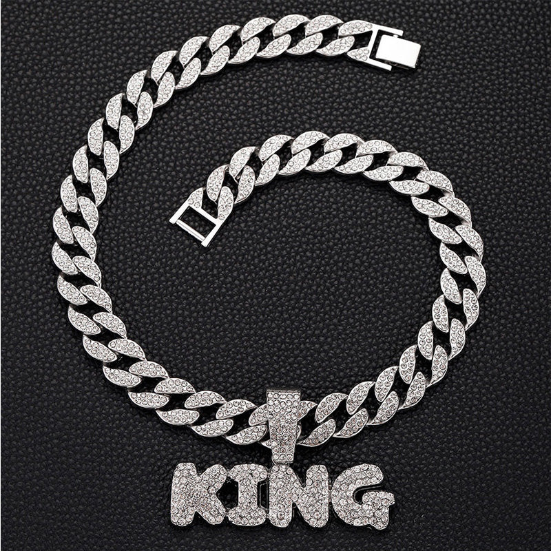 13mm Width Football Pendant Necklace,Full Diamond King Fashion Pendant Necklace, 3D Diamond Gold Zinc Alloy Stainless Steel Religious Zircon