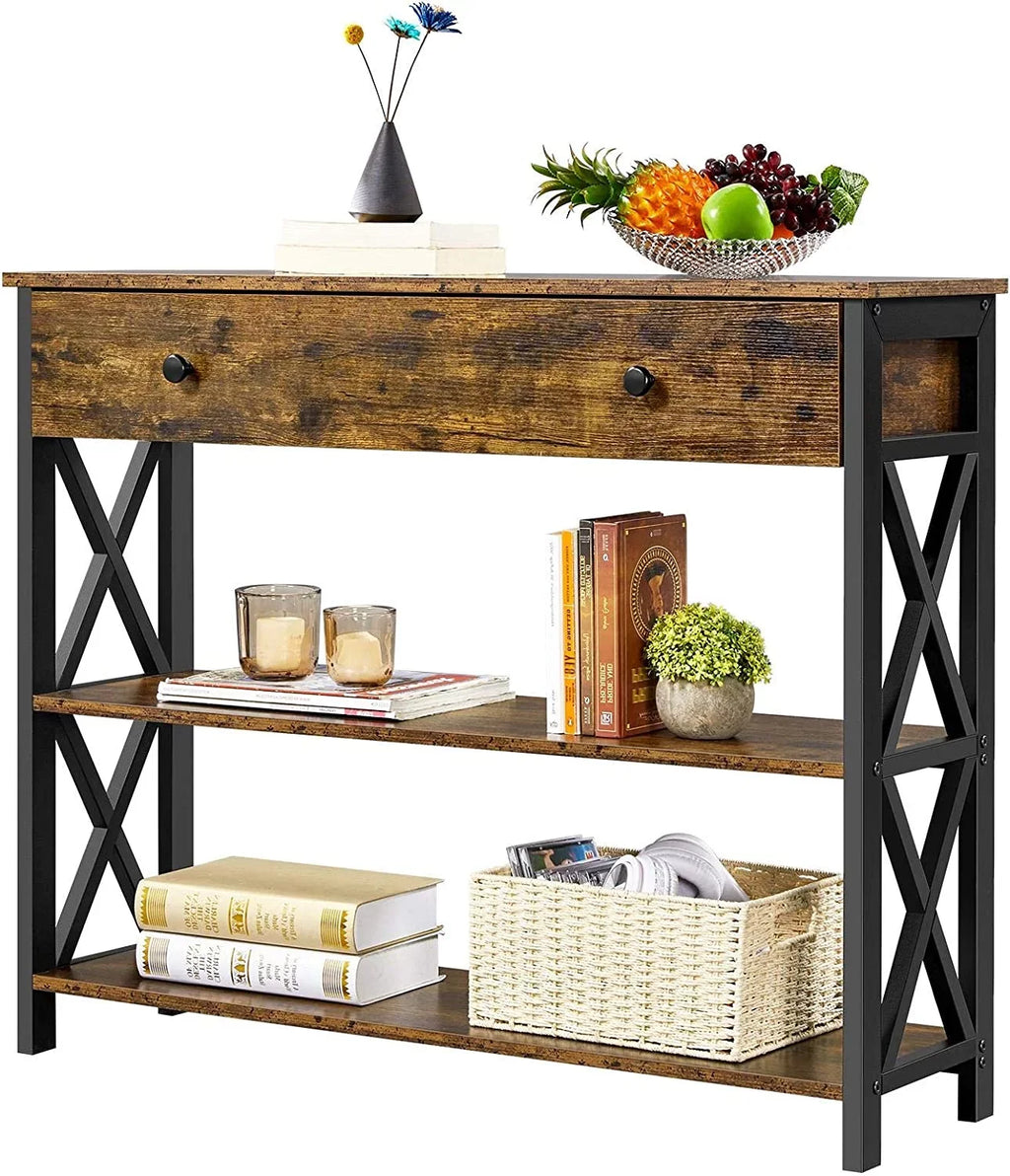 Console Table with Drawer, Entryway Table with 3 Tier Storage Shelves, Narrow Long Sofa Table for Entryway, Living Room, Hallway, Couch, Kitchen, Metal Frame, Rustic ftp