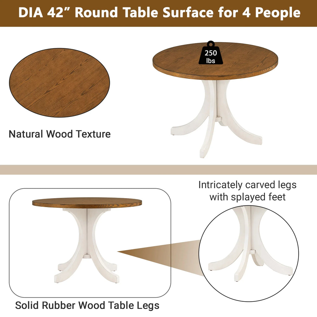 Llinc Store Mid-Century Solid Wood 5-Piece Round Dining Table Set for 4 Kitchen Table Set with Upholstered Chairs for Small Places Walnut Table+Beige Chair