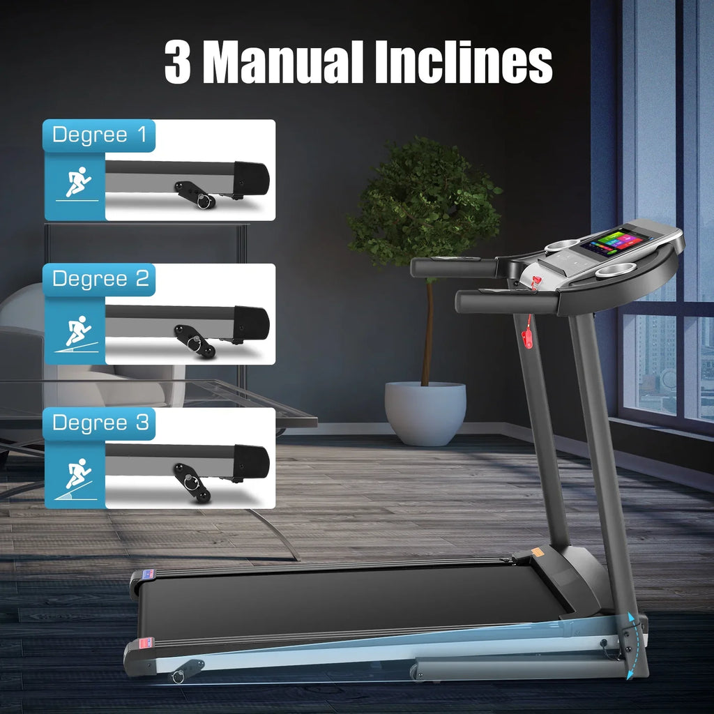 Simpfree Treadmill with 10" HD TV Movie Touchscreen and 3D Virtual Sports Scene, 0.5-9.0 mph/h & 3.25HP Electric Treadmill with Incline for Home（Black）