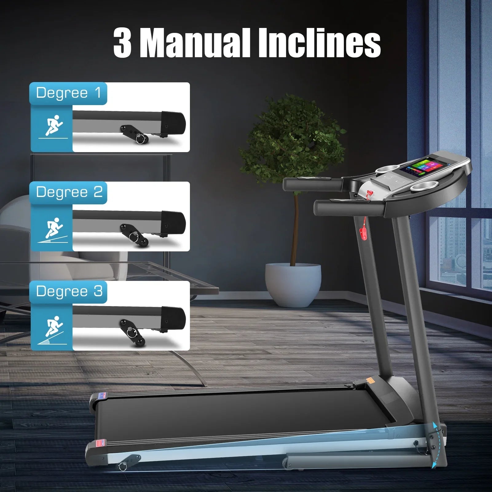 Simpfree Treadmill with 10" HD TV Movie Touchscreen and 3D Virtual Sports Scene, 0.5-9.0 mph/h & 3.25HP Electric Treadmill with Incline for Home（Black）