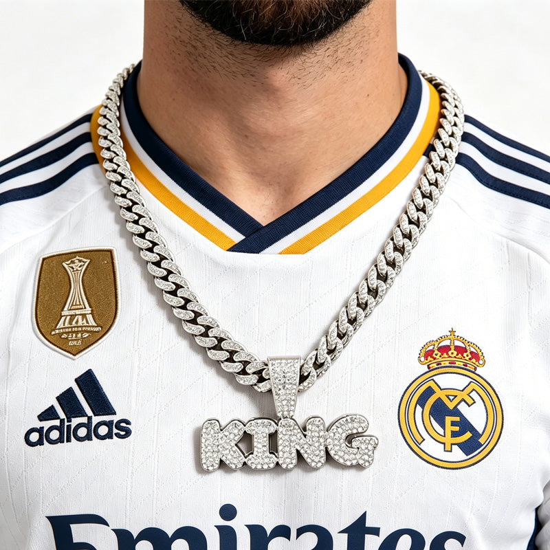 13mm Width Football Pendant Necklace,Full Diamond King Fashion Pendant Necklace, 3D Diamond Gold Zinc Alloy Stainless Steel Religious Zircon