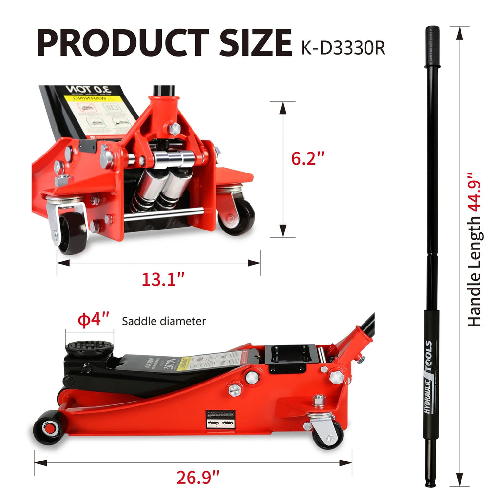 Low Profile Floor Jack, Seizeen 3 Ton(6600 lbs) Trolley Jack Dual Lift Pump, Quick Lift 3-3/10" - 18-4/20", Heavy-Duty Steel Jack with 45''L Extended Handle, Car Jack w/Wheels, Rubber Saddle, Red