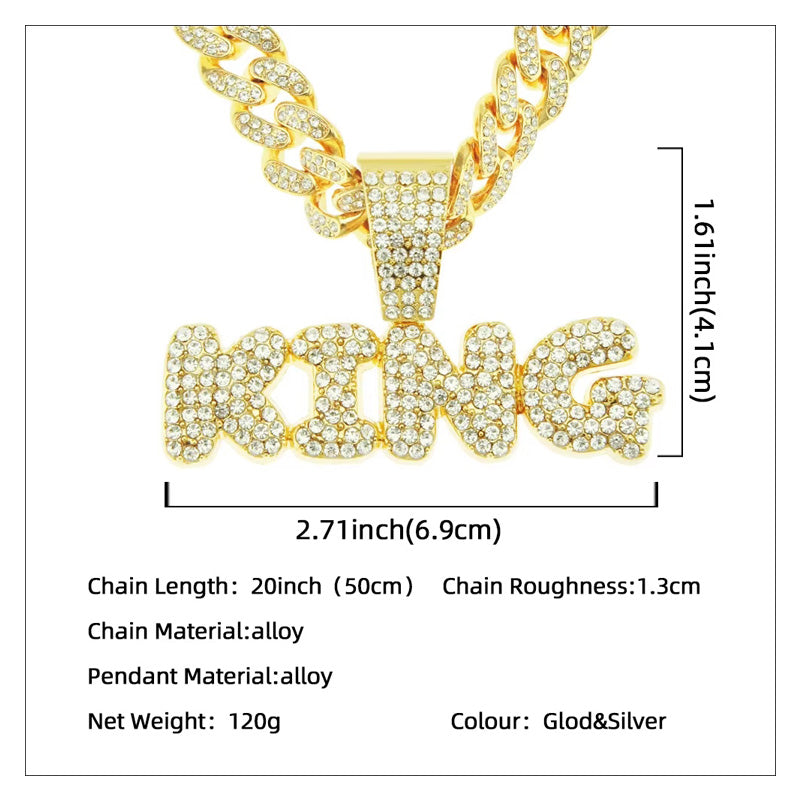 13mm Width Football Pendant Necklace,Full Diamond King Fashion Pendant Necklace, 3D Diamond Gold Zinc Alloy Stainless Steel Religious Zircon