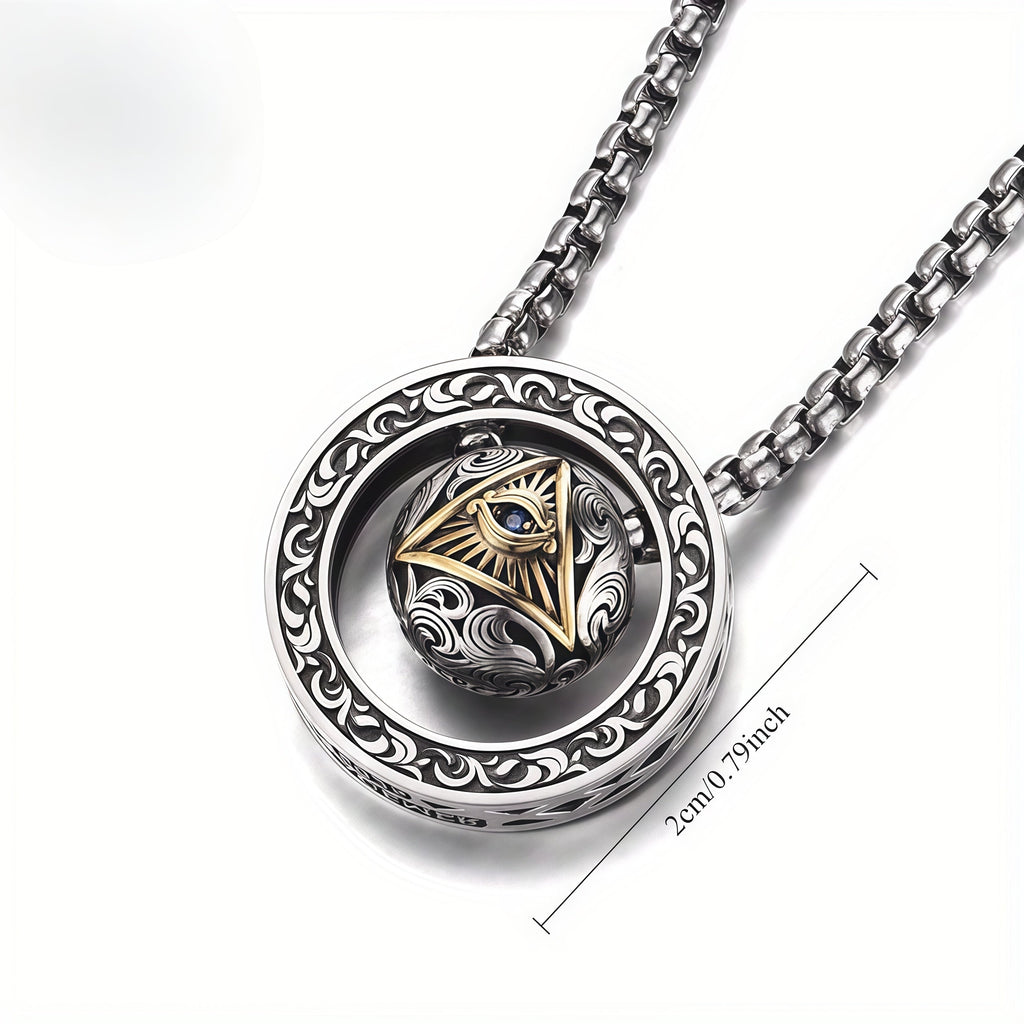 Vintage All-Seeing Eye Rotatable Round Ball Circle Pendant Necklace For Men, Copper Plated Silver Triangular Eye With Blue Zircon Scroll Engraving Punk Amulet Jewelry Gift