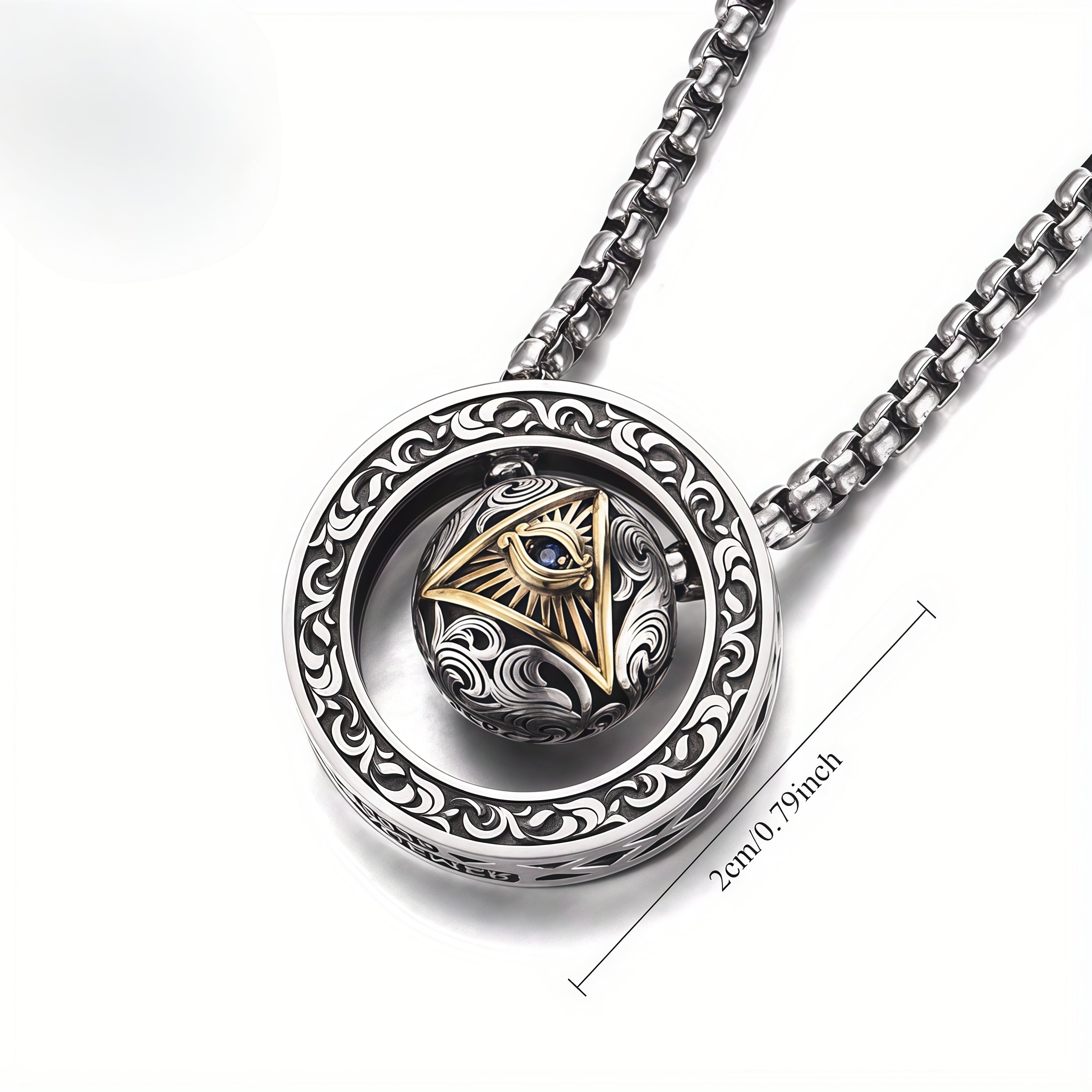 Vintage All-Seeing Eye Rotatable Round Ball Circle Pendant Necklace For Men, Copper Plated Silver Triangular Eye With Blue Zircon Scroll Engraving Punk Amulet Jewelry Gift