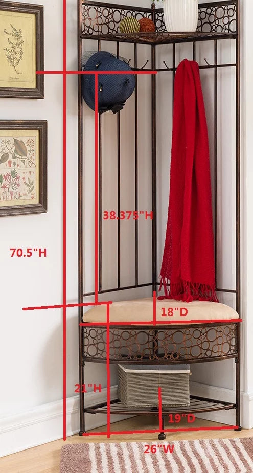 Crespin Corner Hallway Storage Bench Hall Tree, Brushed Copper Metal