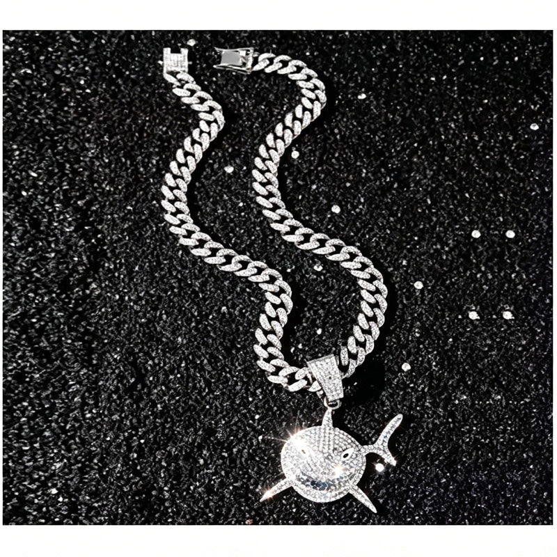 13mm Width Football Pendant Necklace,rhinestone Gold-plated Shark Pendant Necklace, 3D Diamond Gold Zinc Alloy Stainless Steel Religious Zircon