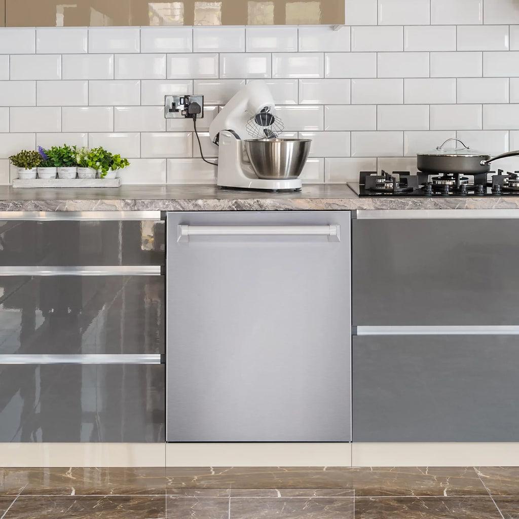 Cosmo 4 Piece Kitchen Appliance Package with 36" Freestanding Gas Range 36" Under Cabinet Range Hood 24" Built-in Integrated Dishwasher & French Door Refrigerator Kitchen Appliance Bundles