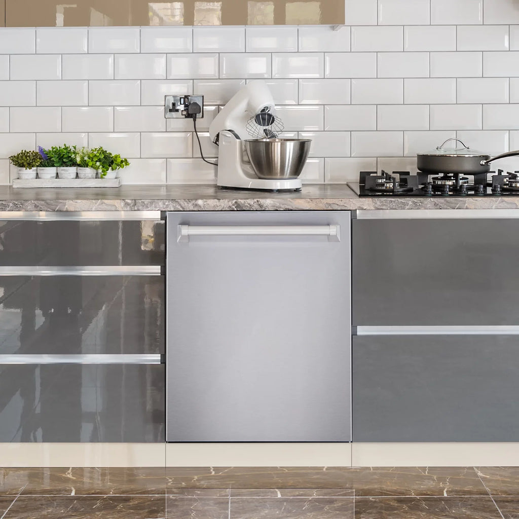 Cosmo 4 Piece Kitchen Appliance Package with 30" Freestanding Gas Range 30" Under Cabinet Range Hood 24" Built-in Integrated Dishwasher & French Door Refrigerator Kitchen Appliance Bundles