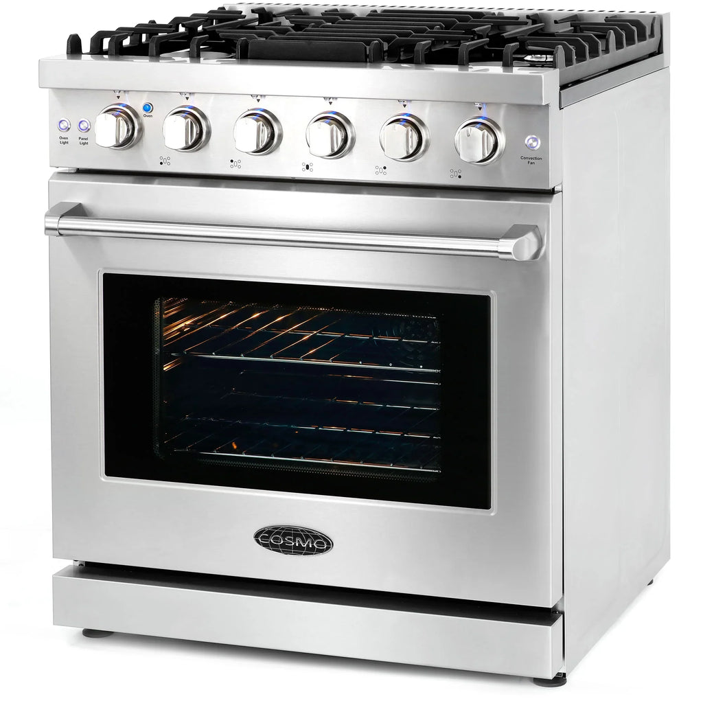 Cosmo 4 Piece Kitchen Appliance Package with 30" Freestanding Gas Range 30" Wall Mount Range Hood 24" Built-in Integrated Dishwasher & French Door Refrigerator Kitchen Appliance Bundles