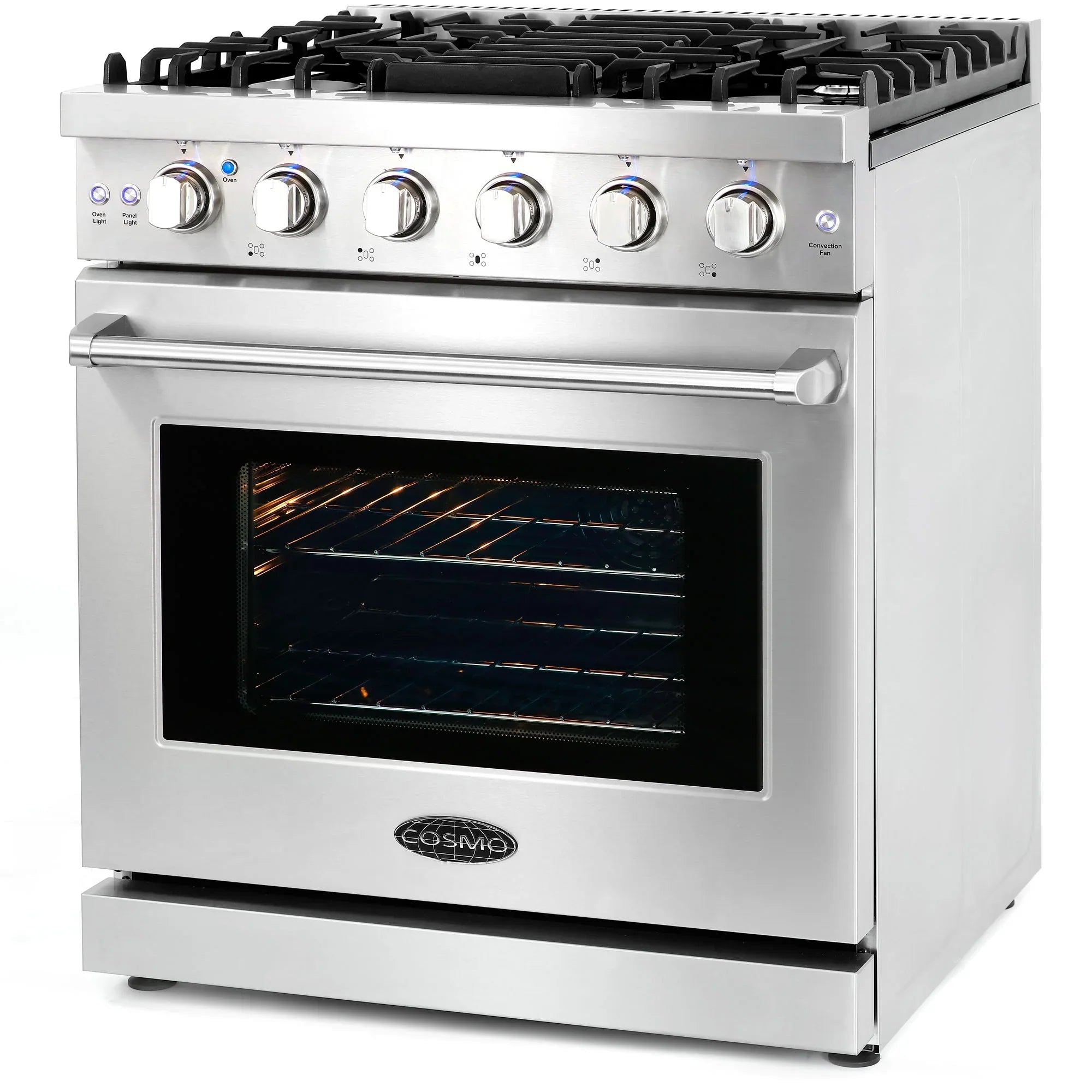 Cosmo 4 Piece Kitchen Appliance Package with 30" Freestanding Gas Range 30" Wall Mount Range Hood 24" Built-in Integrated Dishwasher & French Door Refrigerator Kitchen Appliance Bundles