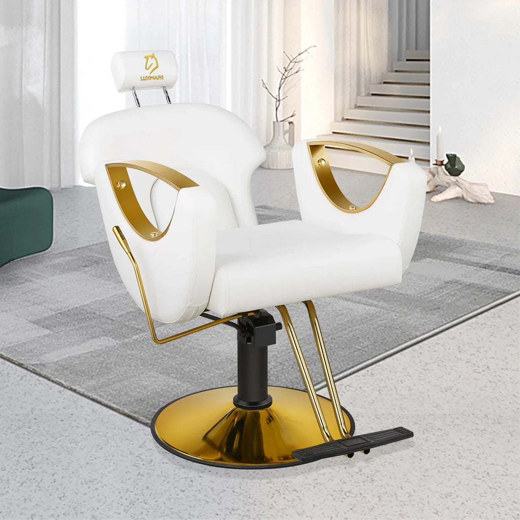 LUXMARS Reclining Barber Chair Salon Chair Height Adjustable Hydraulic Chair Tattoo Chairs 360 Degrees Rolling Swivel Barber Chairs for Barbershop Hair Salon Spa Equipment - White