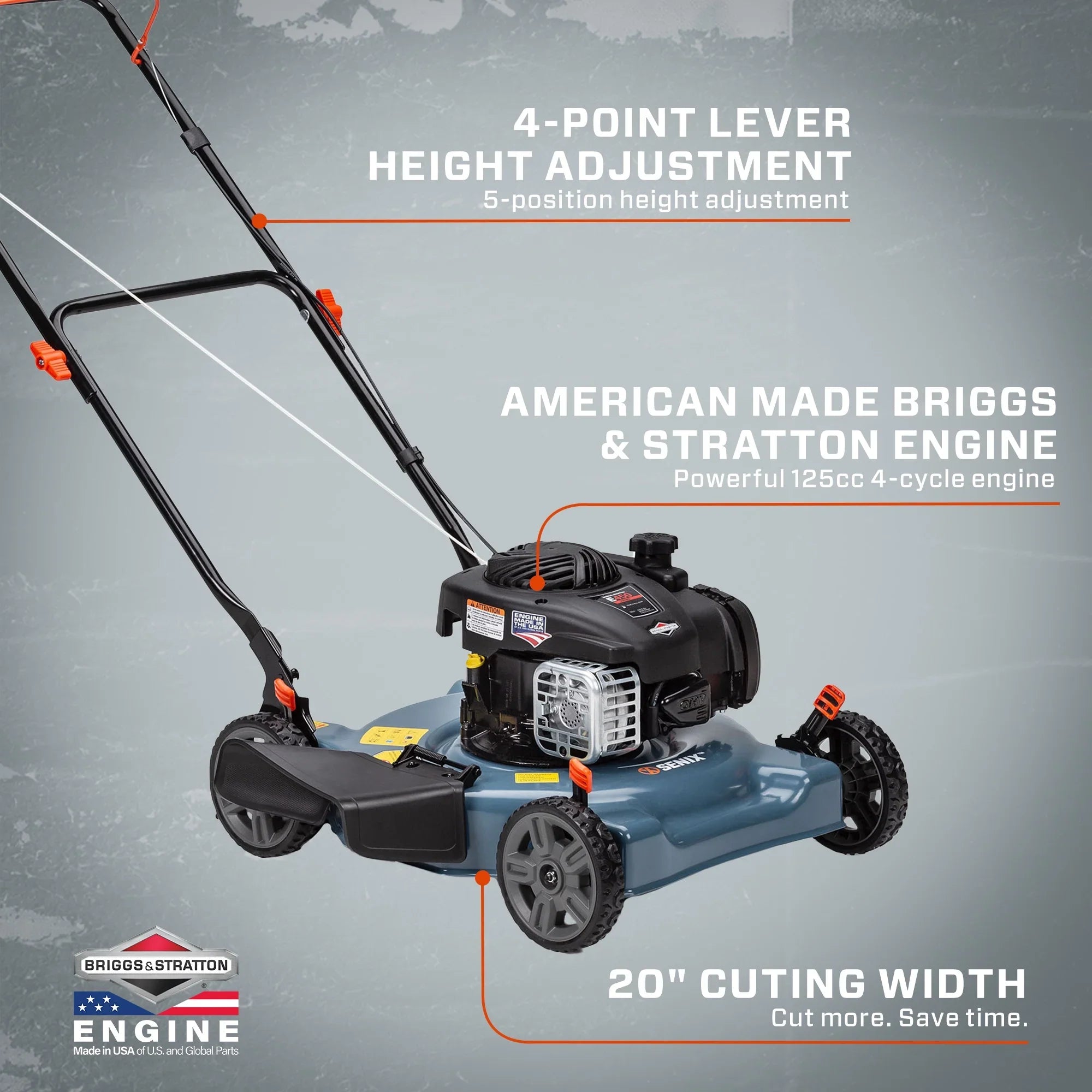 SENIX 20-Inch Gas Lawn Mower, 125 cc 4-Cycle Briggs & Stratton Engine, Push Lawnmower with Side Discharge, 5-Position Height Adjustment, LSPG-L3