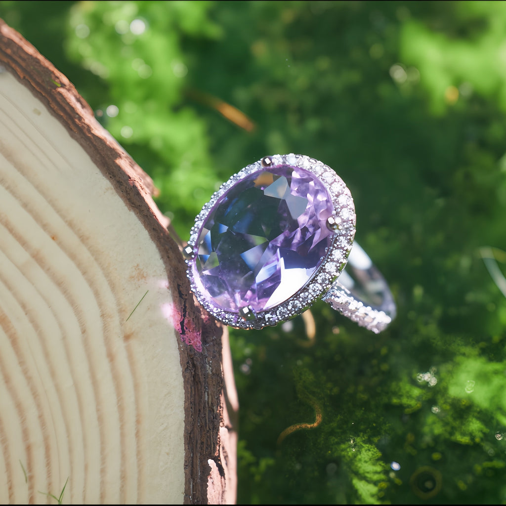 Oval Light Purple Amethyst CZ Single Halo Filigree Ring For Women, Copper Plated Silver Paved White Crystal Vintage Wedding Cocktail Statement Jewelry Gift