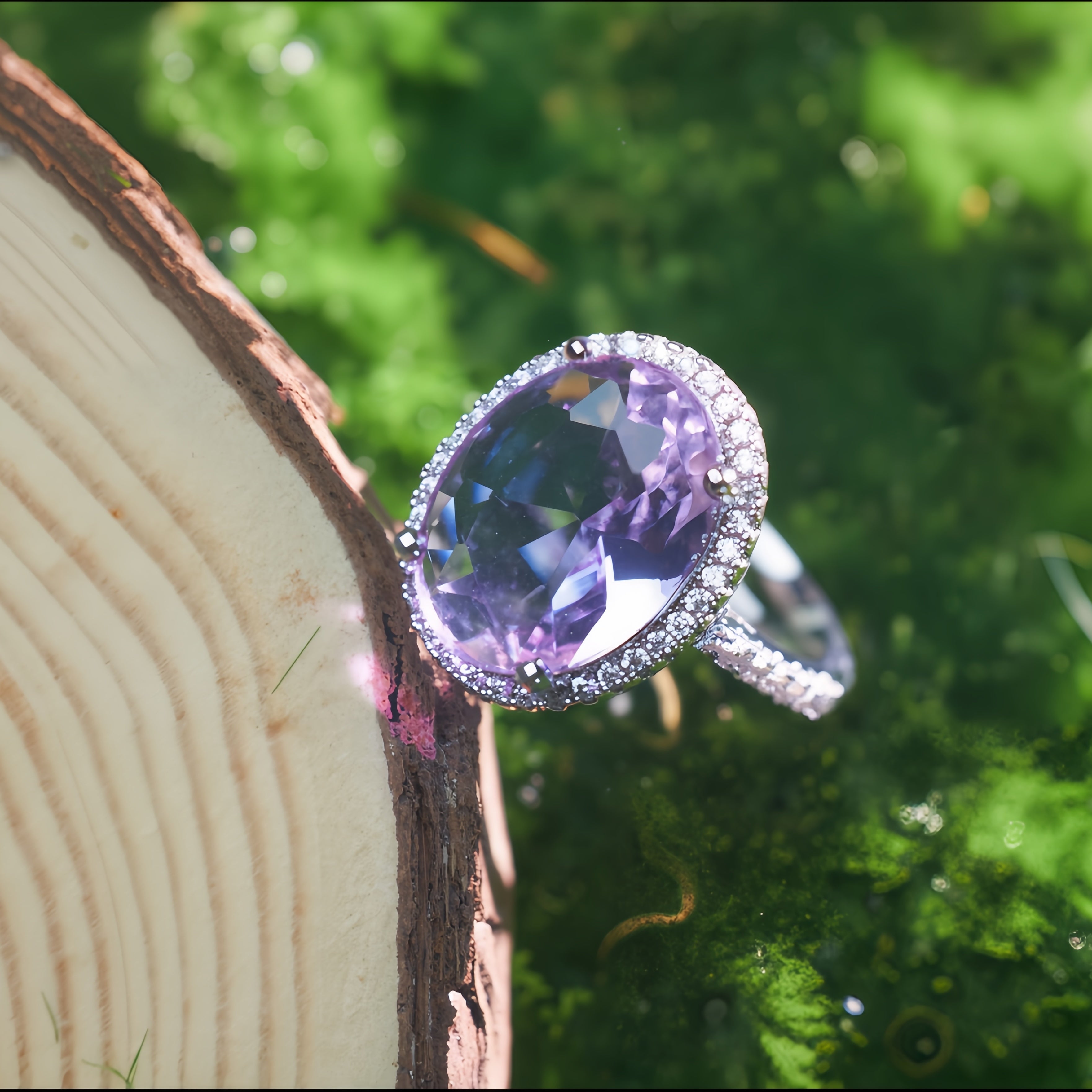 Oval Light Purple Amethyst CZ Single Halo Filigree Ring For Women, Copper Plated Silver Paved White Crystal Vintage Wedding Cocktail Statement Jewelry Gift