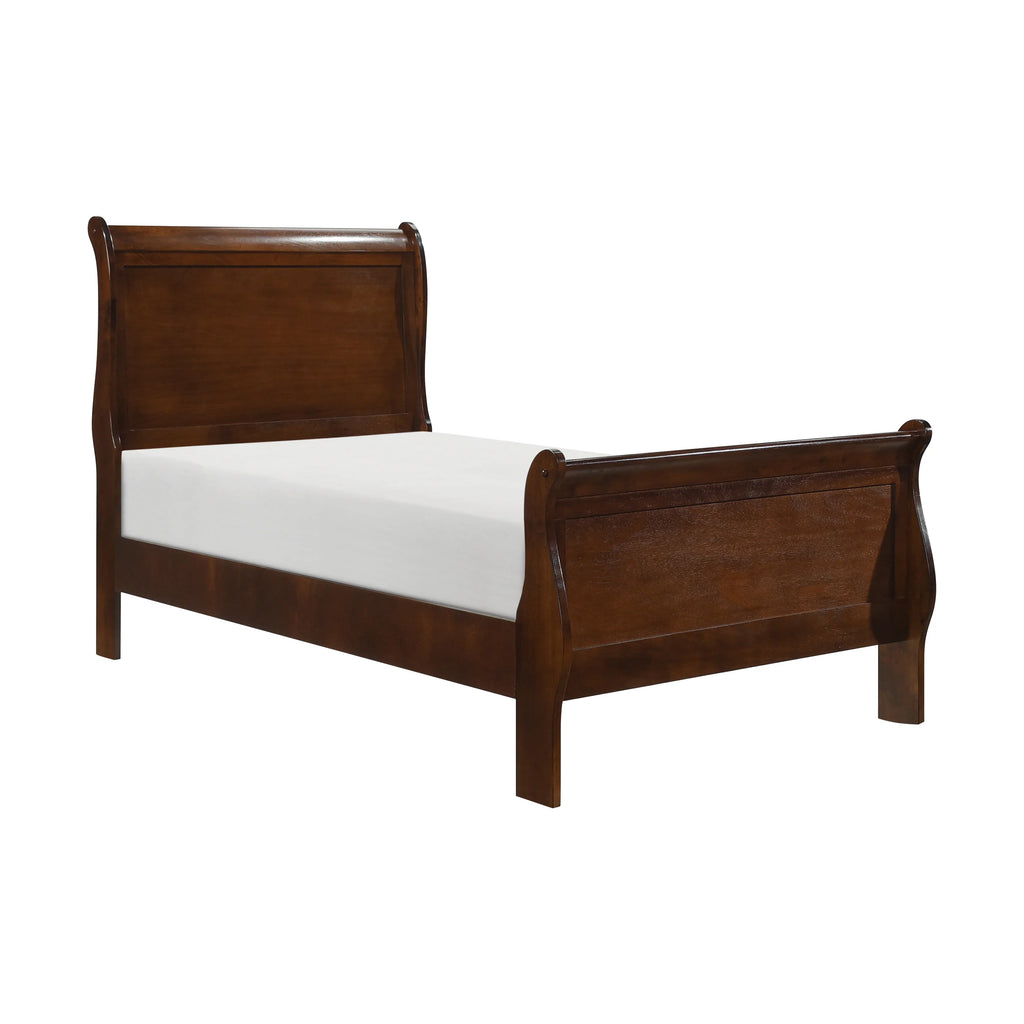 Homiyad Classic Louis Philipe Style Twin Size Bed Brown Cherry Finish 1Pc Traditional Design Bedroom Furniture Sleigh Bed