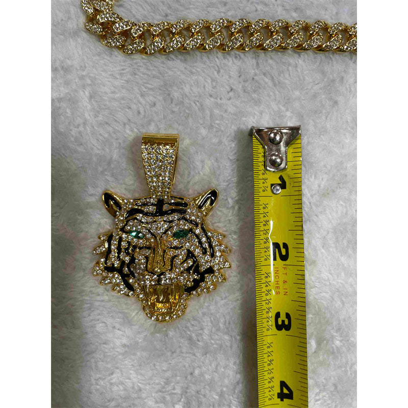 13mm Width Football Pendant Necklace,Hip Hop Green Eyes Tiger Head Pendant Necklace 3D Diamond Gold Zinc Alloy Stainless Steel Religious Zircon