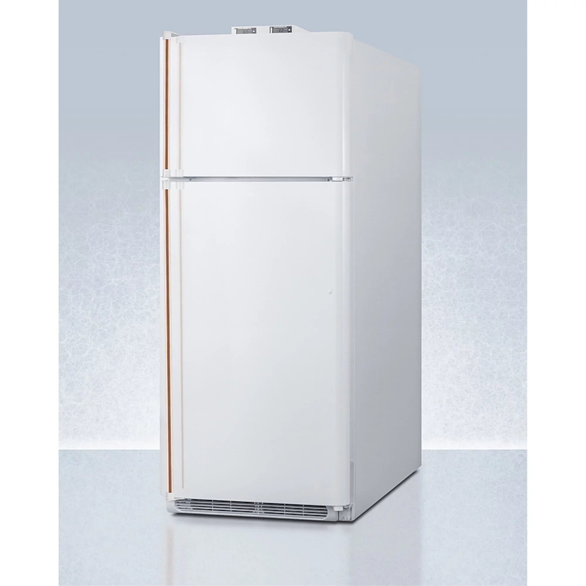 18 cu.ft. break room refrigerator-freezer in white with NIST calibrated alarm/thermometers and copper handles