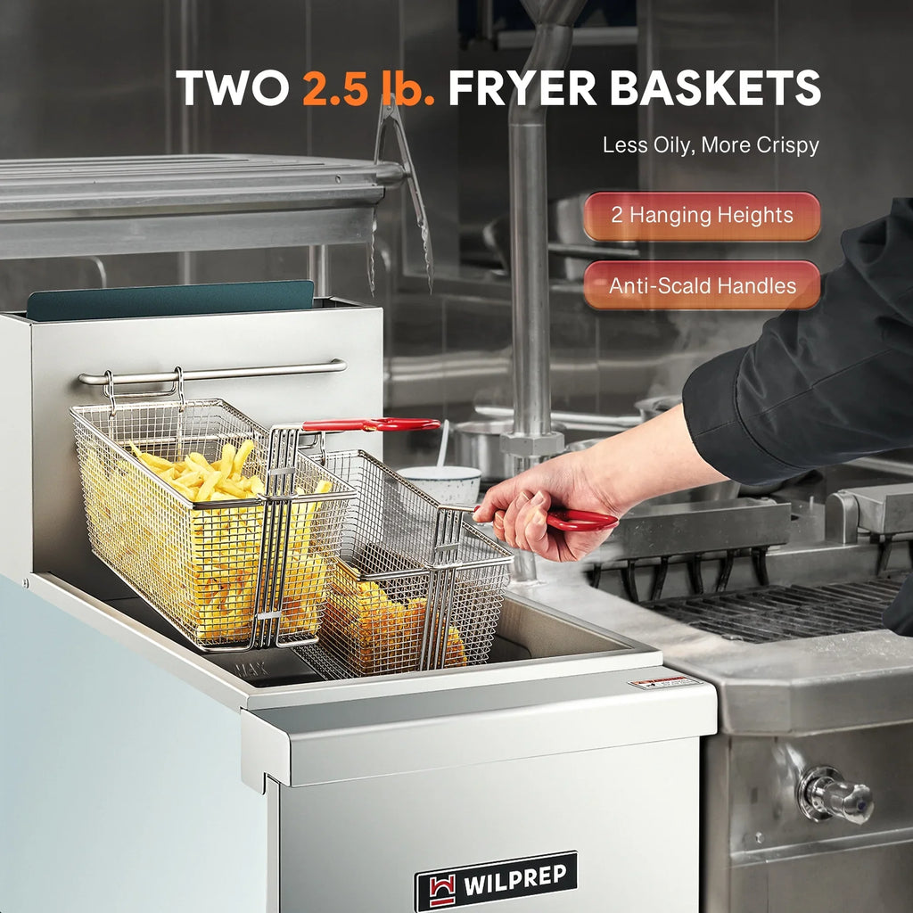 WILPREP 4 Burner Commercial Gas Floor Fryer, Commercial Deep Fryer with 2 Baskets 120000 BTU 50 lb. Capacity 400°F Constant Temperature for Restaurant Kitchen