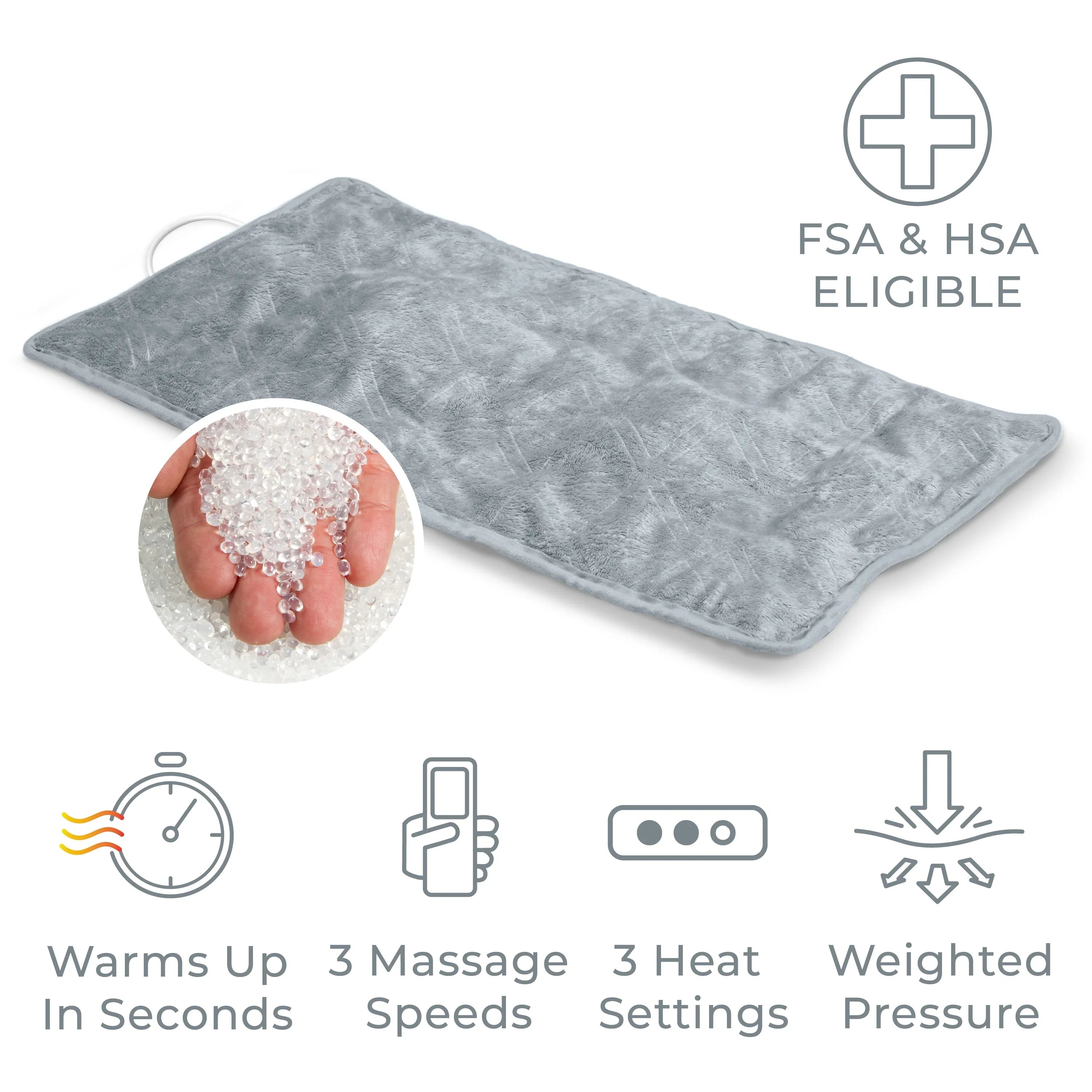 Pure Enrichment® WeightedWarmth™ 3-in-1 Heating Pad - 3 InstaHeat™ Settings, 3 Massage Speeds & 4.1 lbs of Weighted Pressure for Menstrual Cramps, Shoulder, Neck & Back Pain - 12” x 24” (Steel Gray)