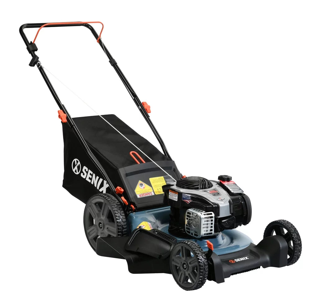 SENIX 21-Inch Push Lawnmower, 140 cc 4-Cycle Briggs & Stratton Engine, 3-in-1 Mower, Prime & Pull, 6-Position Height Adjustment with 11-Inch Rear Wheels, LSPG-M7