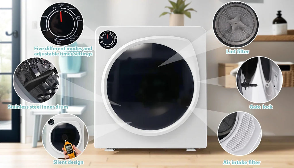 ZNESKPG 1.95 Cu.ft Front Load Clothes Dryer Portable Compact Dryer 830W 5 Drying Modes Stainless Steel Drum with Overheat Protection Dust Removal Deodorization and Lint Removal Func