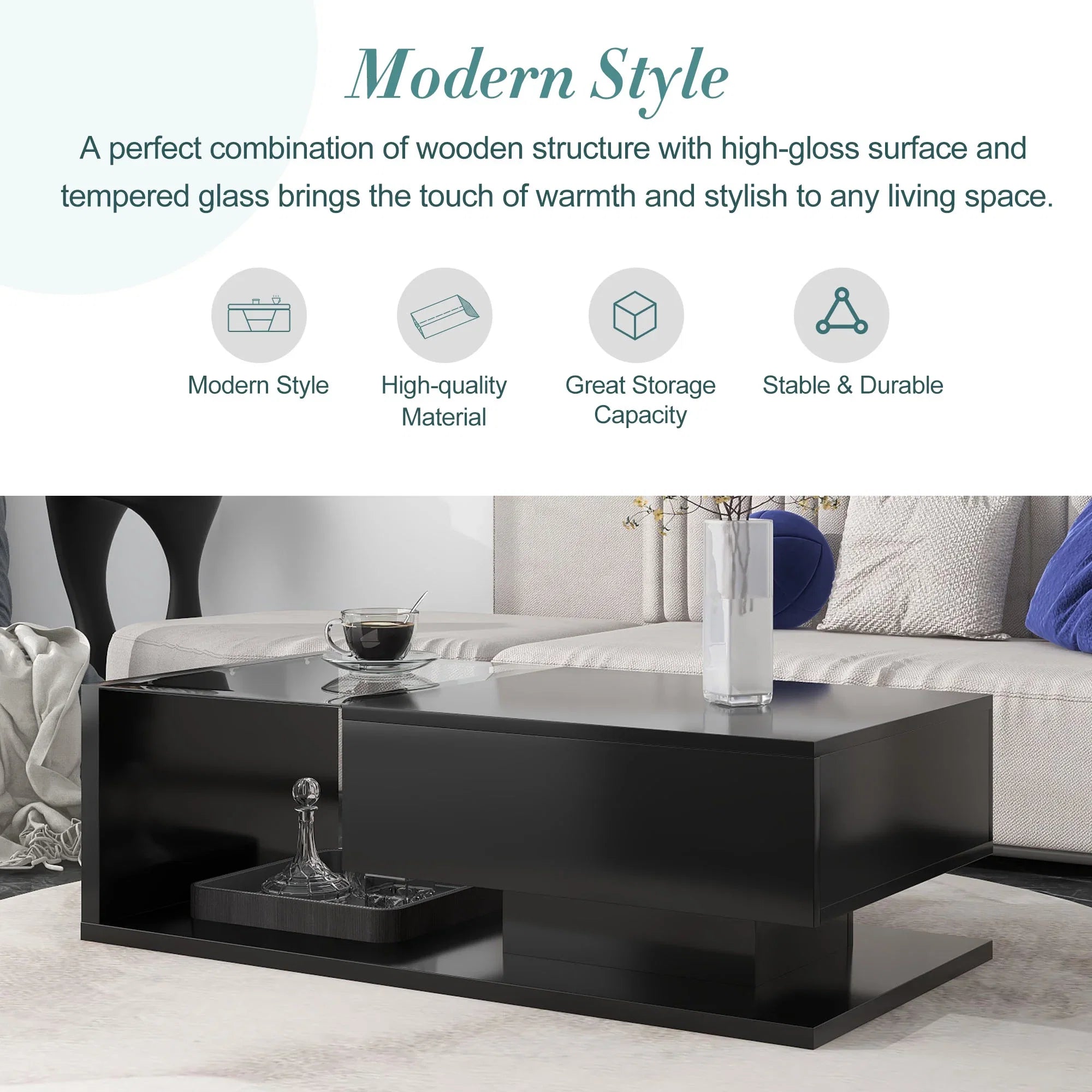 JQCX Modern Coffee Table with Tempered Glass,Wooden Cocktail Table with High-gloss UV Surface,2-Tier Rectangle Center Table for Living Room