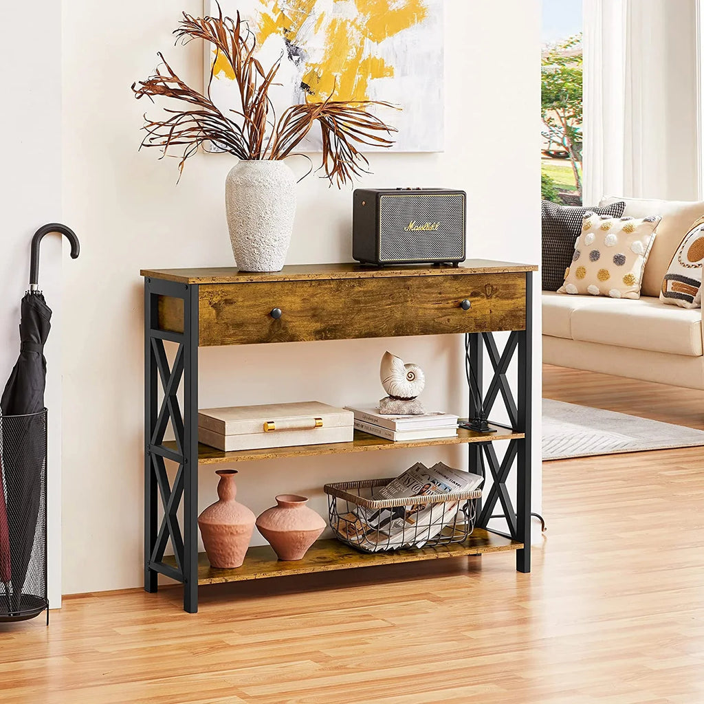 Console Table with Drawer, Entryway Table with 3 Tier Storage Shelves, Narrow Long Sofa Table for Entryway, Living Room, Hallway, Couch, Kitchen, Metal Frame, Rustic ftp