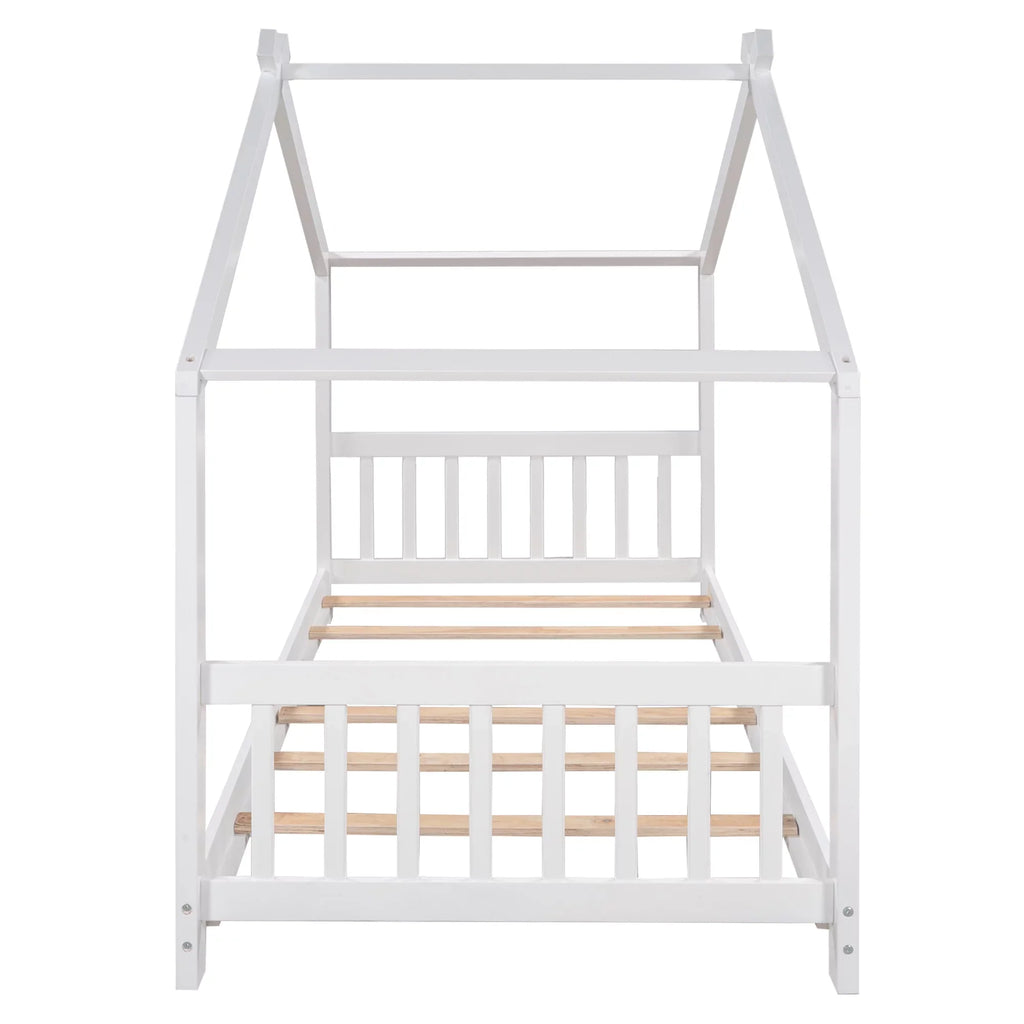 Twin Size White House Platform Bed with Roof Design Headboard and Footboard, Kids Bedroom Furniture